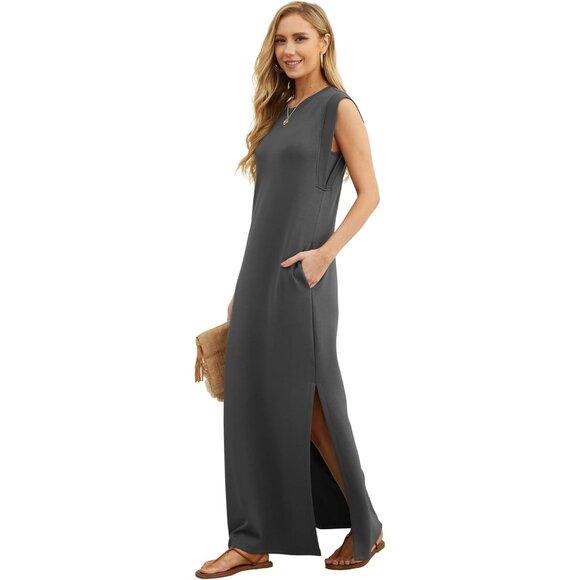 Grecerelle Women Dark Gray Round Neck Loose Split Wrinkle-Free Long Maxi Dress - Picture 3 of 7